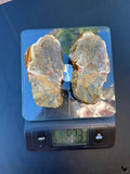 Large matched pair of cream and grey agate nodule slices on a scale showing 533g, with wing-like sculptural shape
