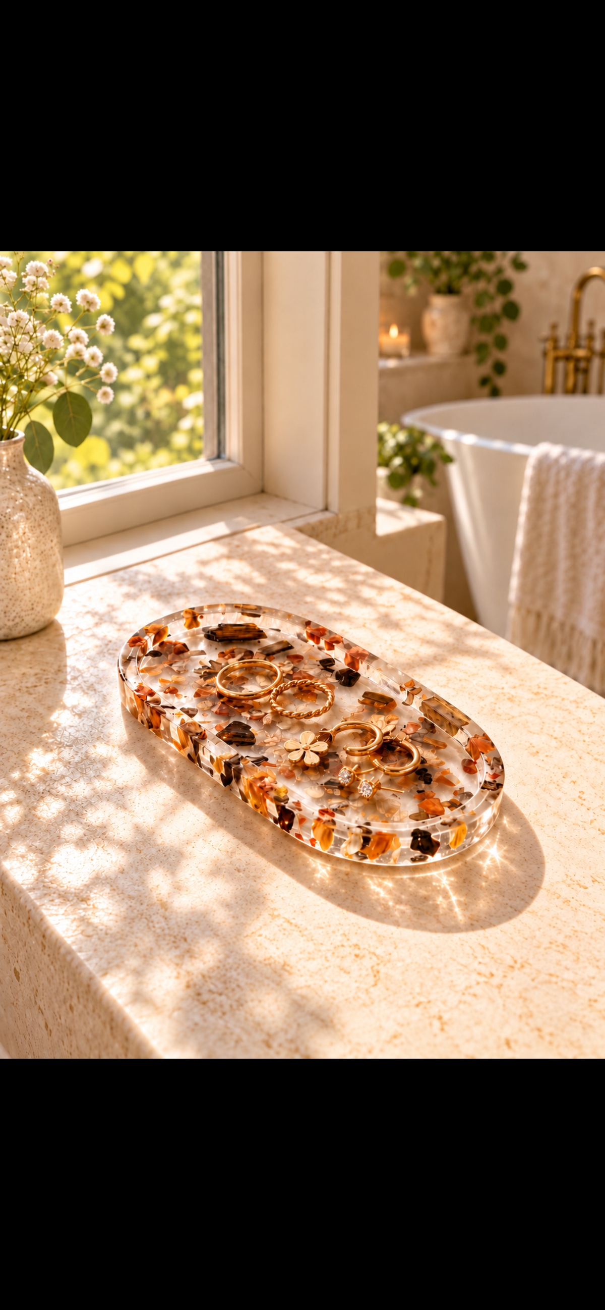 Oval clear-look decorative jewellery tray with warm earth-toned details on a sunlit vanity; jewellery shown for styling.